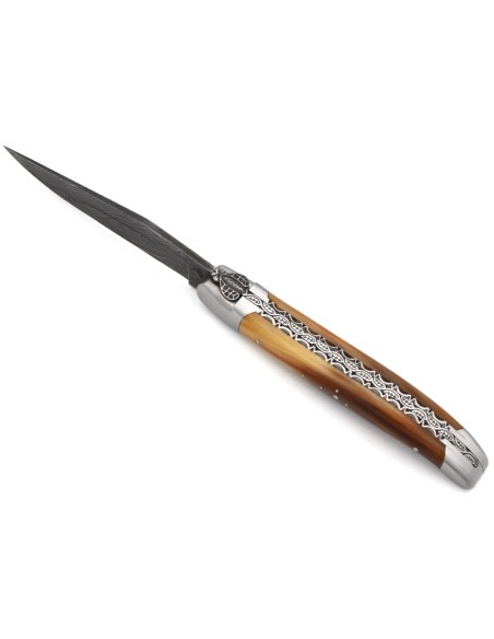 laguiole pliant 12cm lame damas sauvage abeille et ressort ciseles burin manche en pointe de corne claire