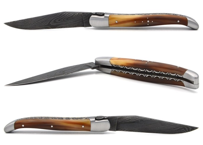 laguiole pocket knife 12 cm bee and spring chiseled with file damascus steel blade pale horn tip handle