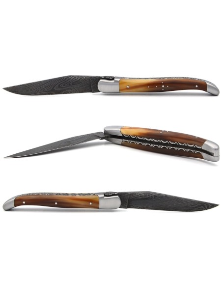 laguiole pliant 12cm lame damas sauvage abeille et ressort ciseles burin manche en pointe de corne claire