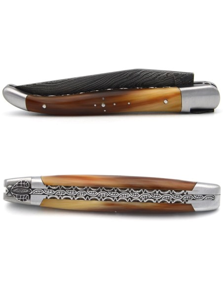 laguiole pocket knife 12 cm bee and spring chiseled with file damascus steel blade pale horn tip handle