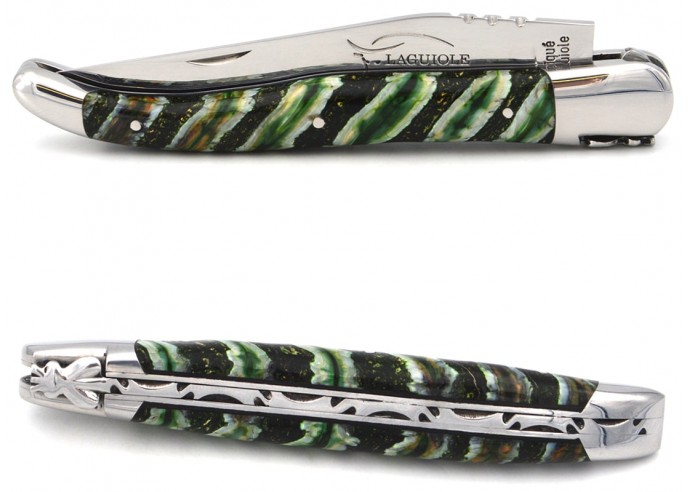 Laguiole pocket knife 12 cm, light green mammoth molar handle, forged bee, stainless steel bolsters