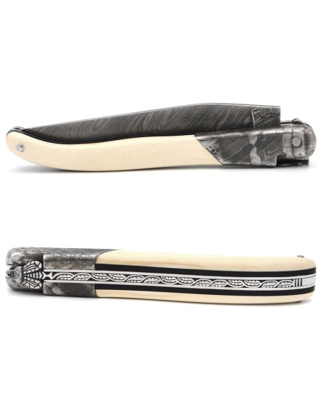 Laguiole pliant 12cm, acier Damas Sauvage,  1 mitre avant acier météorite