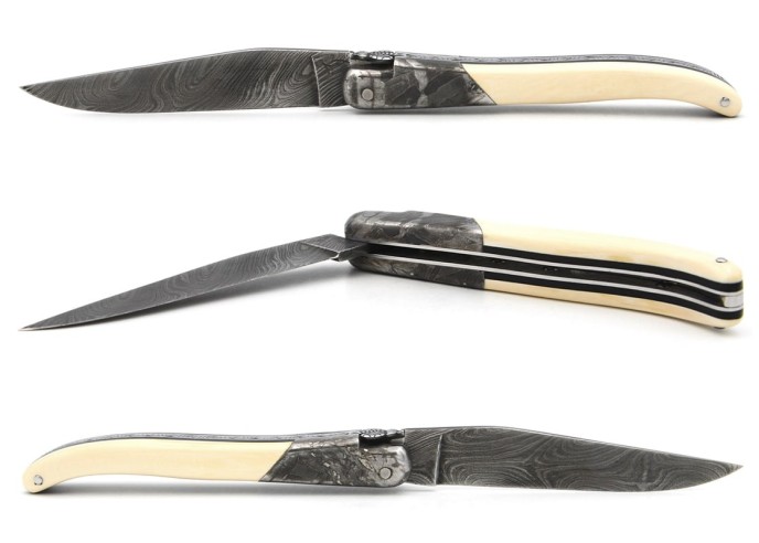 Laguiole pliant 12cm, acier Damas Sauvage,  1 mitre avant acier météorite