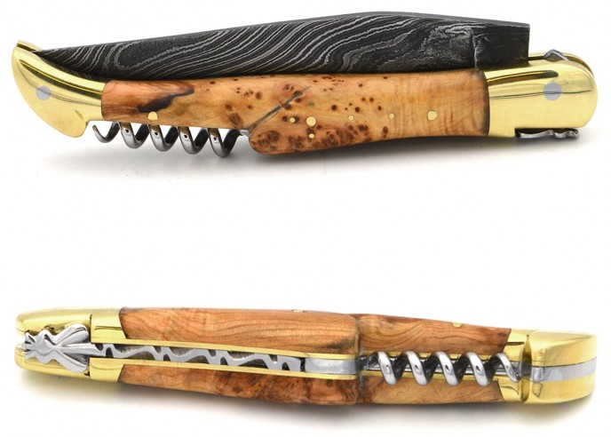 Laguiole pocket knife, 12 cm, forged bee, Damascus steel blade and corkscrew, juniper handle with brass bolsters