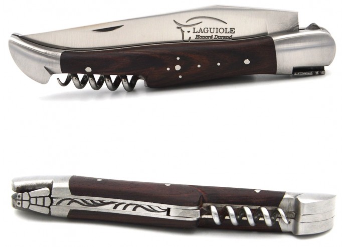 Laguiole pocket knife, 12 cm, blade and corkscrew, purplewood handle, welded bee, matt stainless steel bolsters