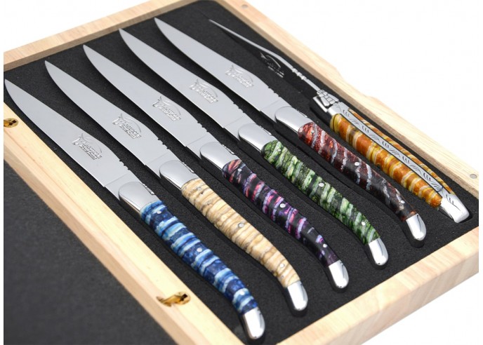 Laguiole steak knives, wide mammoth molar handles with shiny stainless steel bolsters