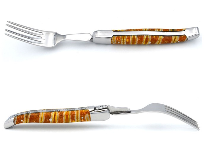 Set of 1 knife - 1 fork in yellow mammoth molar, shiny stainless steel