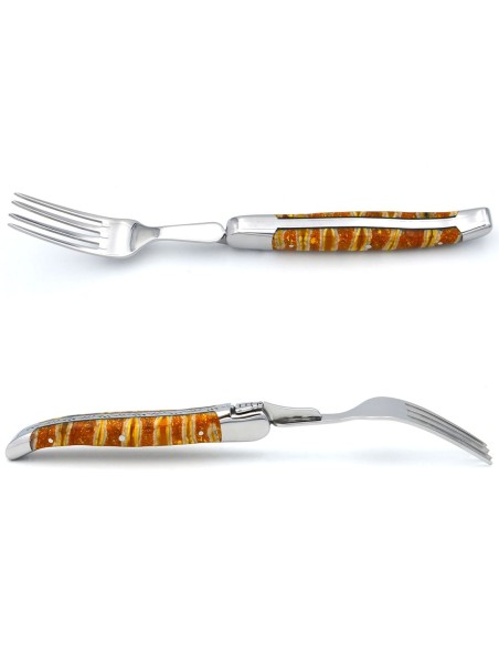 Set of 1 knife - 1 fork in yellow mammoth molar, shiny stainless steel