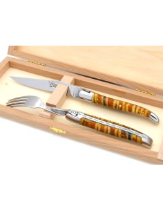 Set mit 1 Messer - 1 Gabel, breiter Griff aus Mammutstoßzahn, Gelb 2