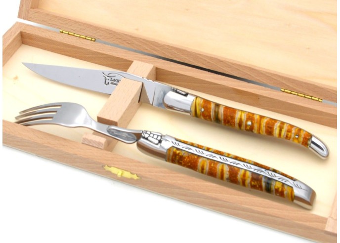 Set of 1 knife - 1 fork in yellow mammoth molar, shiny stainless steel