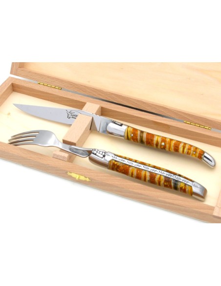 Set of 1 knife - 1 fork in yellow mammoth molar, shiny stainless steel