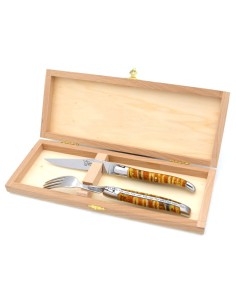 Set mit 1 Messer - 1 Gabel, breiter Griff aus Mammutstoßzahn, Gelb