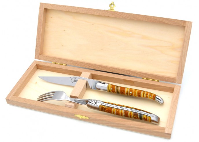 Set of 1 knife - 1 fork in yellow mammoth molar, shiny stainless steel finish