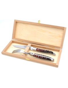 Coffret 1 couteau - 1 fourchette en molaire de mammouth rouge