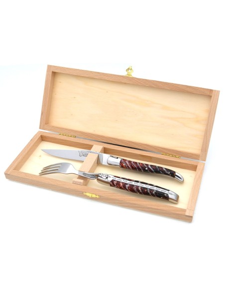 Coffret 1 couteau - 1 fourchette en molaire de mammouth rouge