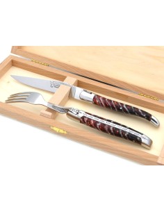 Set mit 1 Messer - 1 Gabel, breiter Griff aus Mammutstoßzahn, Rot 2