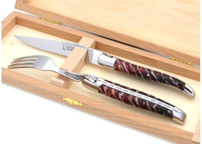 Set mit 1 Messer - 1 Gabel, breiter Griff aus Mammutstoßzahn, Rot
