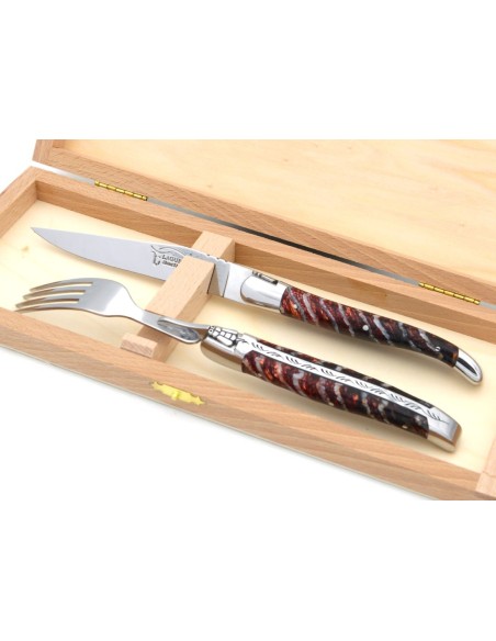 Coffret 1 couteau - 1 fourchette en molaire de mammouth rouge