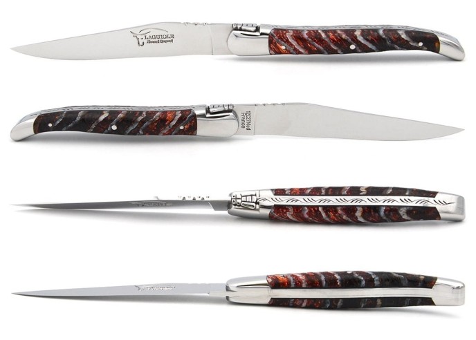 Coffret 1 couteau - 1 fourchette en molaire de mammouth rouge