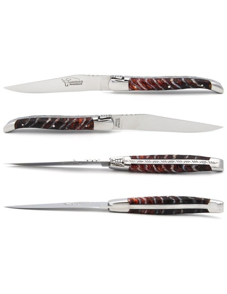 Coffret 1 couteau - 1 fourchette en molaire de mammouth rouge