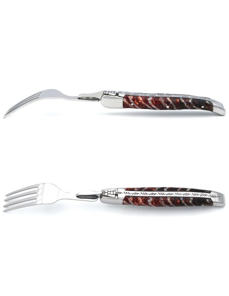 Coffret 1 couteau - 1 fourchette en molaire de mammouth rouge