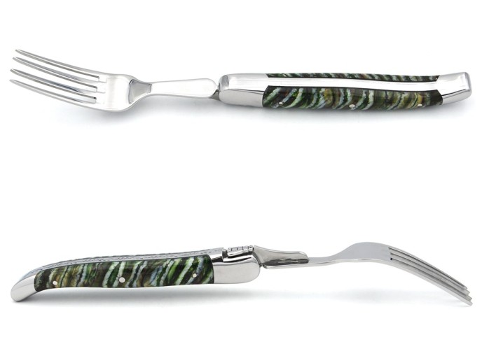Set mit 1 Messer - 1 Gabel, breiter Griff aus Mammutstoßzahn, Grün