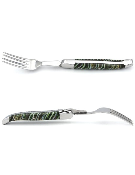 Set of 1 knife - 1 fork in green mammoth molar, shiny stainless steel