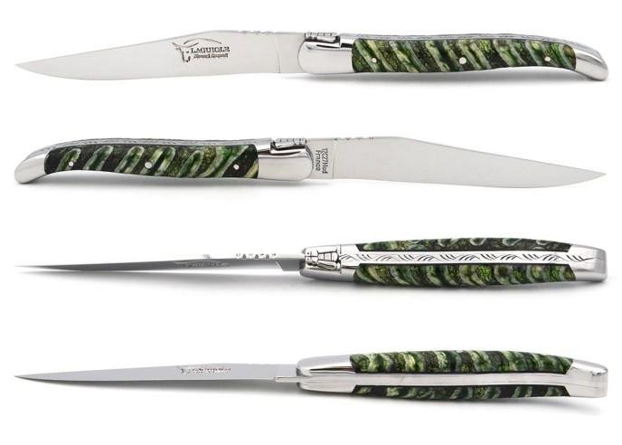 Set of 1 knife - 1 fork in green mammoth molar, shiny stainless steel