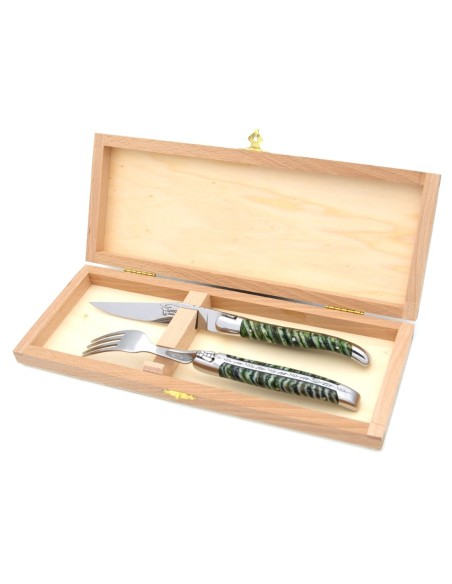 Set mit 1 Messer - 1 Gabel, breiter Griff aus Mammutstoßzahn, Grün