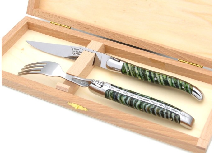 Set of 1 knife - 1 fork in green mammoth molar, shiny stainless steel