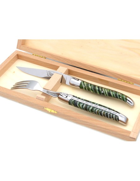 Set mit 1 Messer - 1 Gabel, breiter Griff aus Mammutstoßzahn, Grün