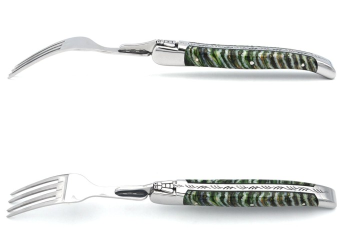 Set mit 1 Messer - 1 Gabel, breiter Griff aus Mammutstoßzahn, Grün