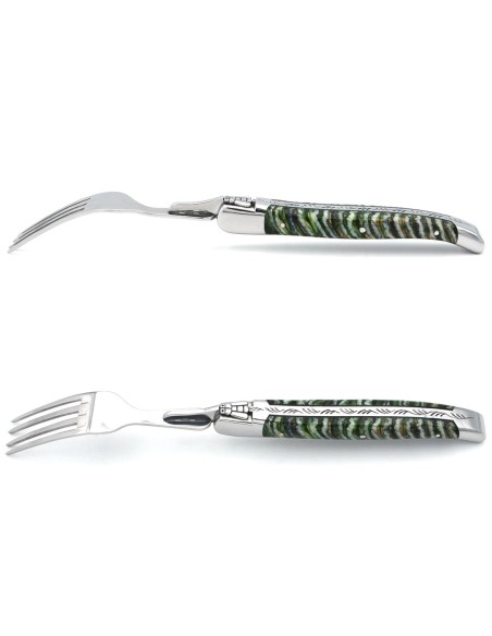 Set mit 1 Messer - 1 Gabel, breiter Griff aus Mammutstoßzahn, Grün