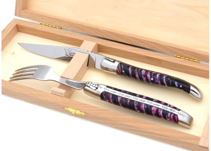 Set mit 1 Messer - 1 Gabel, breiter Griff aus Mammutstoßzahn, Violett