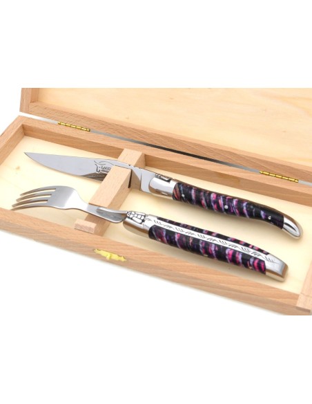 Set of 1 knife - 1 fork in purple mammoth molar, shiny stainless steel