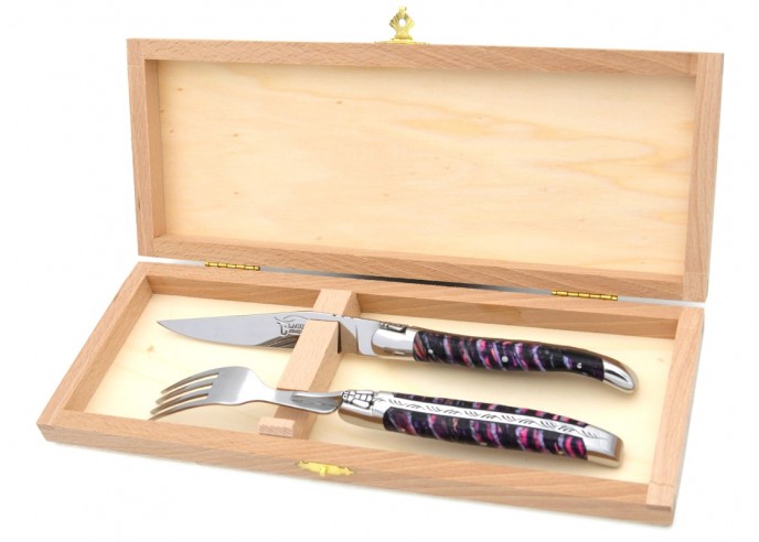 Set mit 1 Messer - 1 Gabel, breiter Griff aus violettem Mammutstoßzahn, Heftbacken aus glänzendem Edelstahl