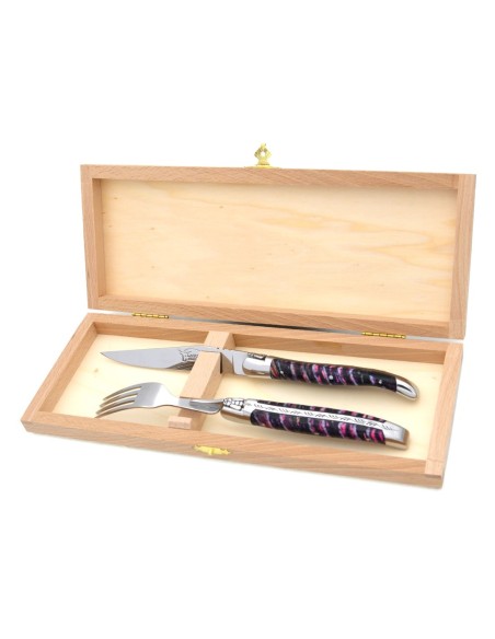 Set of 1 knife - 1 fork in purple mammoth molar, shiny stainless steel