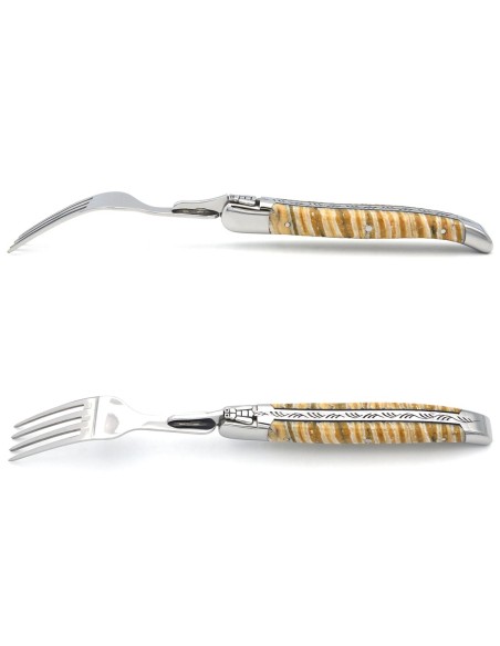 Set of 1 knife - 1 fork in beige mammoth molar, shiny stainless steel