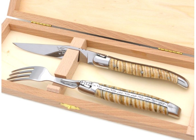 Set of 1 knife - 1 fork in beige mammoth molar, shiny stainless steel