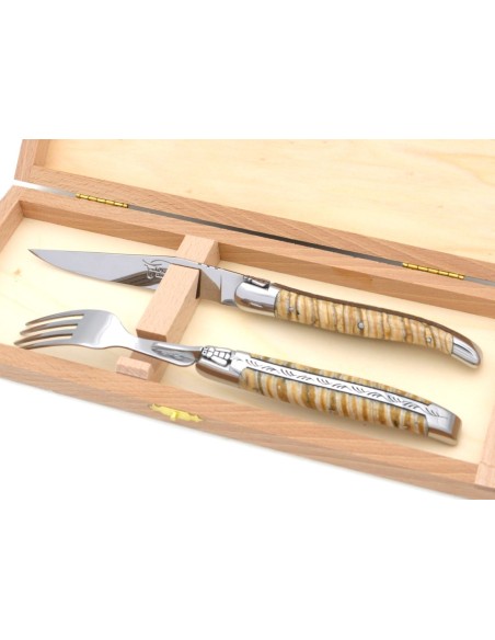 Set of 1 knife - 1 fork in beige mammoth molar, shiny stainless steel