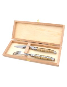 Set mit 1 Messer - 1 Gabel, breiter Griff aus Mammutstoßzahn, Beige
