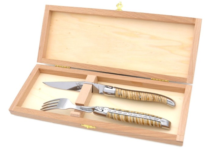 Set mit 1 Messer - 1 Gabel, breiter Griff aus Mammutstoßzahn, Beige