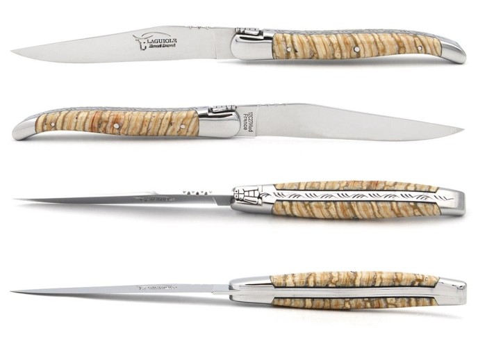 Set mit 1 Messer - 1 Gabel, breiter Griff aus Mammutstoßzahn, Beige