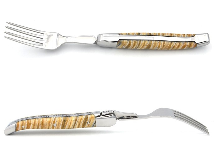 Set of 1 knife - 1 fork in beige mammoth molar, shiny stainless steel