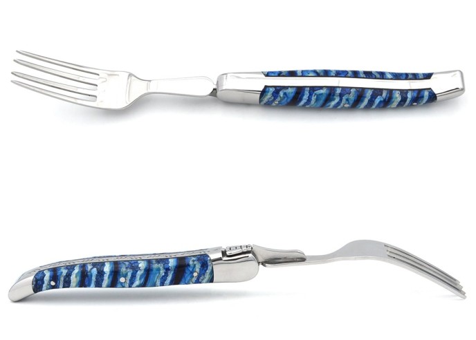 Coffret 1 couteau - 1 fourchette en molaire de mammouth bleu
