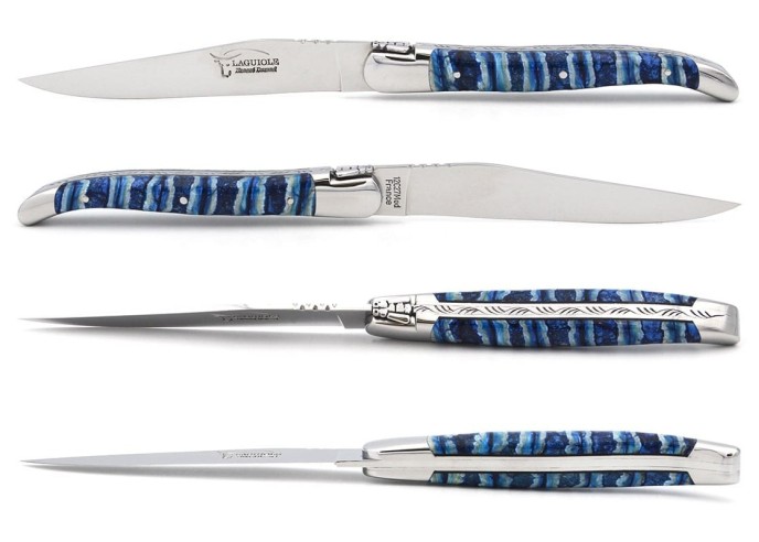 Coffret 1 couteau - 1 fourchette en molaire de mammouth bleu