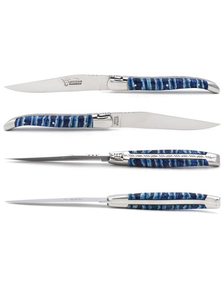 Set mit 1 Messer - 1 Gabel, breiter Griff aus Mammutstoßzahn, Blau