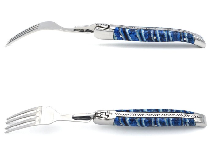 Set mit 1 Messer - 1 Gabel, breiter Griff aus Mammutstoßzahn, Blau