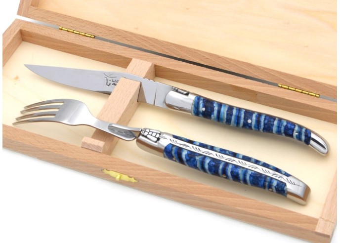 Set mit 1 Messer - 1 Gabel, breiter Griff aus Mammutstoßzahn, Blau