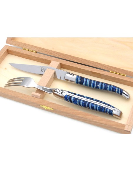 Set mit 1 Messer - 1 Gabel, breiter Griff aus Mammutstoßzahn, Blau